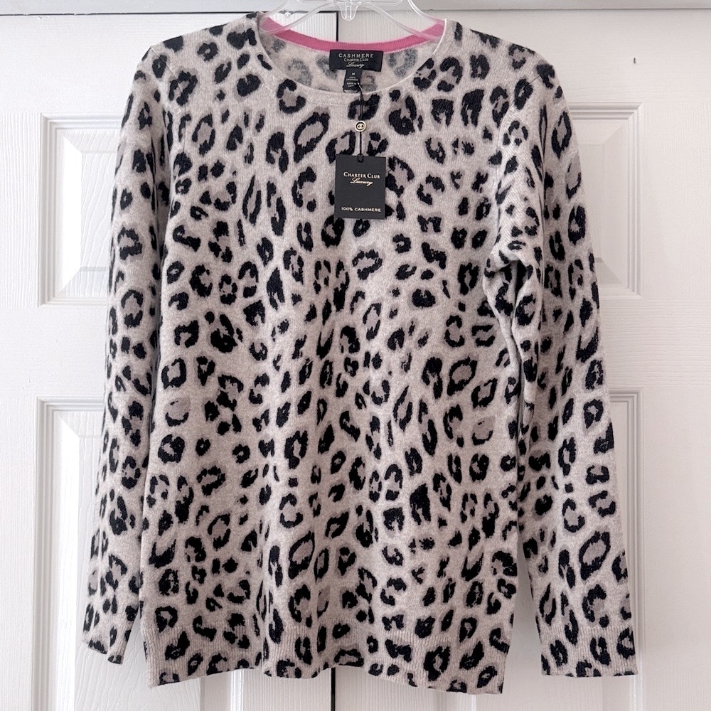 Charter Club Animal Print Cashmere Sweater - Black and Cream. Size M.